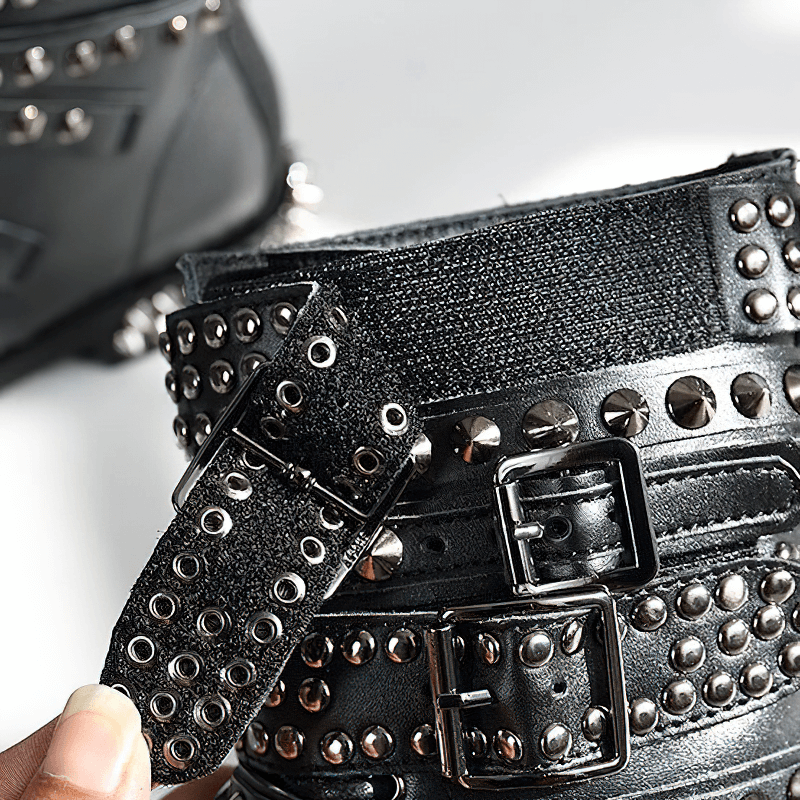 Biker Genuine Leather Womens Boots / Round Toe Autumn/Winter Motorcycle Rivet Ankle Boots in Black - HARD'N'HEAVY