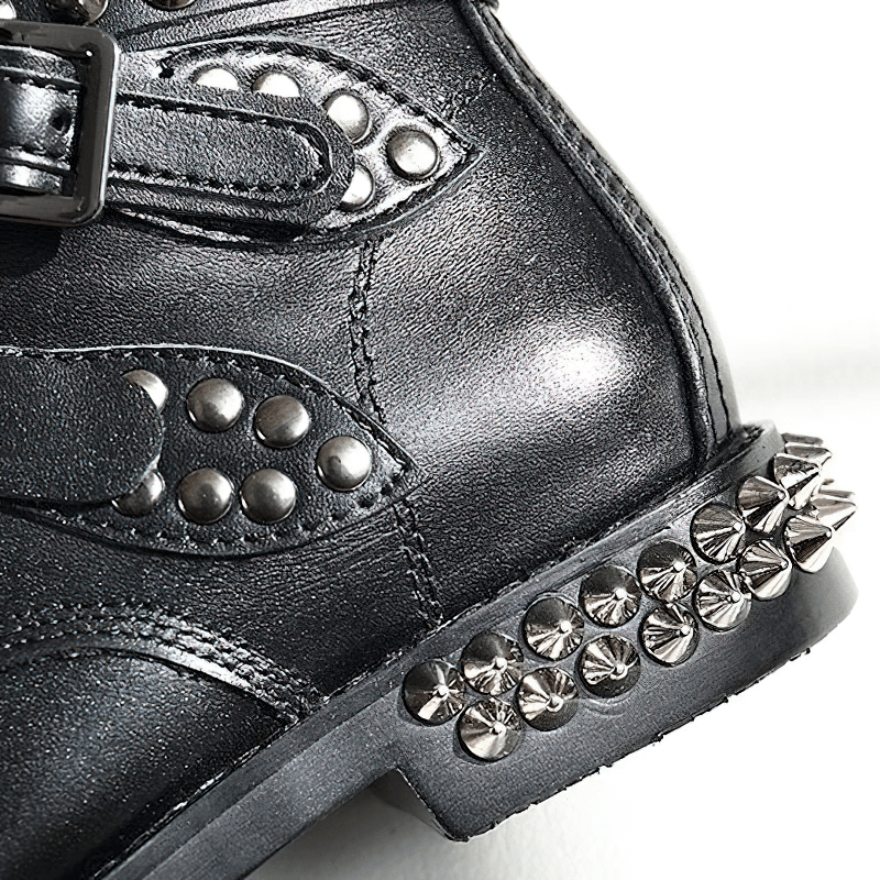 Biker Genuine Leather Womens Boots / Round Toe Autumn/Winter Motorcycle Rivet Ankle Boots in Black - HARD'N'HEAVY