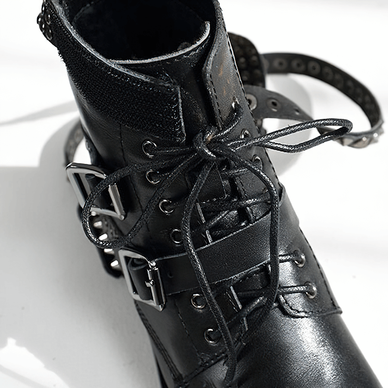 Biker Genuine Leather Womens Boots / Round Toe Autumn/Winter Motorcycle Rivet Ankle Boots in Black - HARD'N'HEAVY