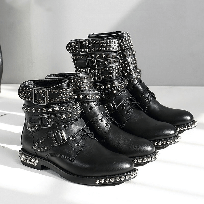 Biker Genuine Leather Womens Boots / Round Toe Autumn/Winter Motorcycle Rivet Ankle Boots in Black - HARD'N'HEAVY