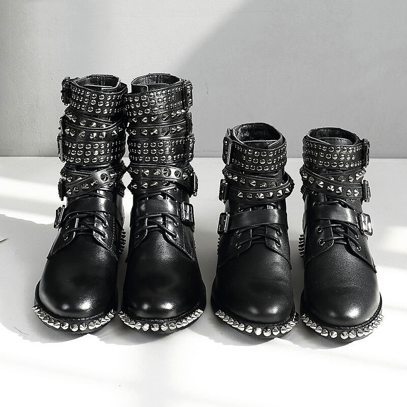 Biker Genuine Leather Womens Boots / Round Toe Autumn/Winter Motorcycle Rivet Ankle Boots in Black - HARD'N'HEAVY