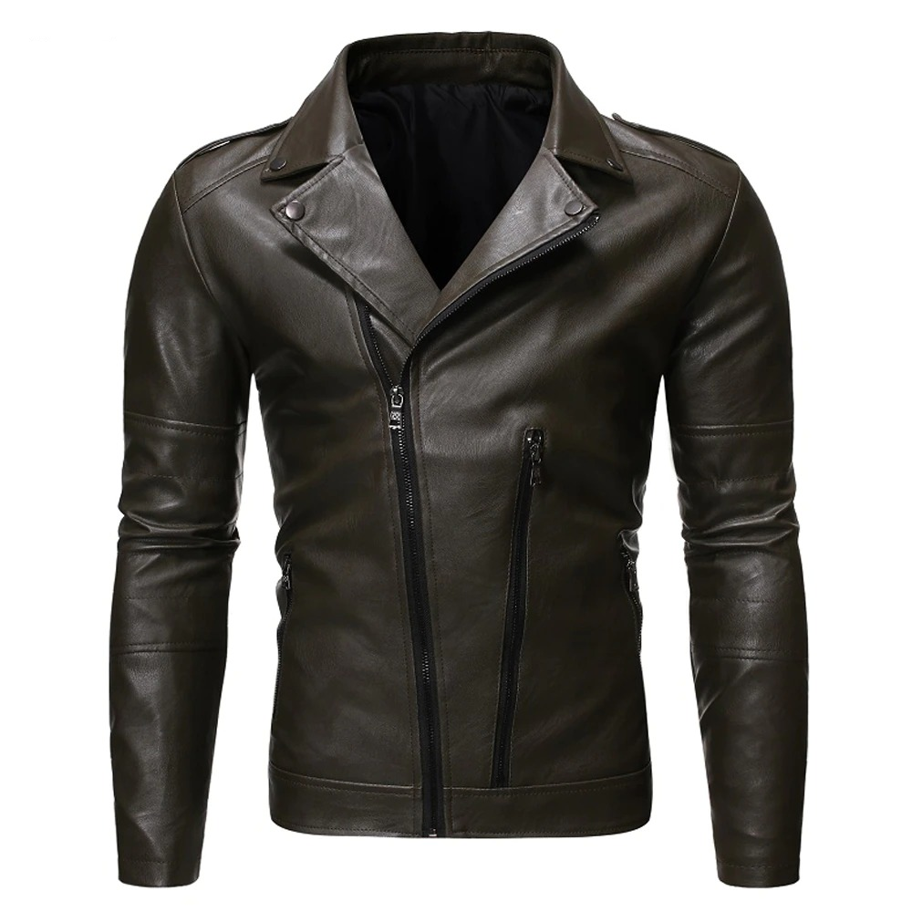 Biker Jacket With Oblique Zipper / Fashion Men's Solid PU Leather Jackets - HARD'N'HEAVY