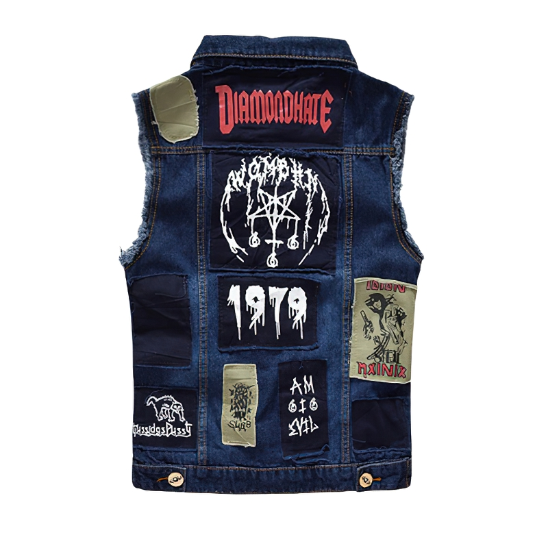 Biker Men Denim Vests with Pentagrams / Blue Patches Design Waistcoat in Gothic Style - HARD'N'HEAVY