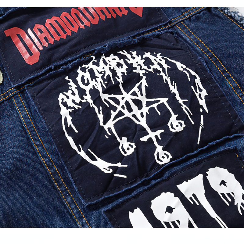 Biker Men Denim Vests with Pentagrams / Blue Patches Design Waistcoat in Gothic Style - HARD'N'HEAVY
