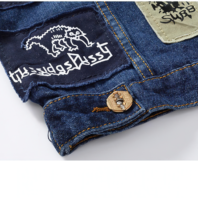 Biker Men Denim Vests with Pentagrams / Blue Patches Design Waistcoat in Gothic Style - HARD'N'HEAVY