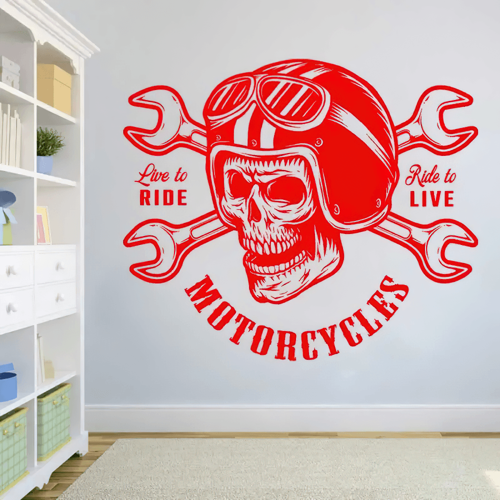 Autocollant mural de moto avec crâne de motard et clés à molette