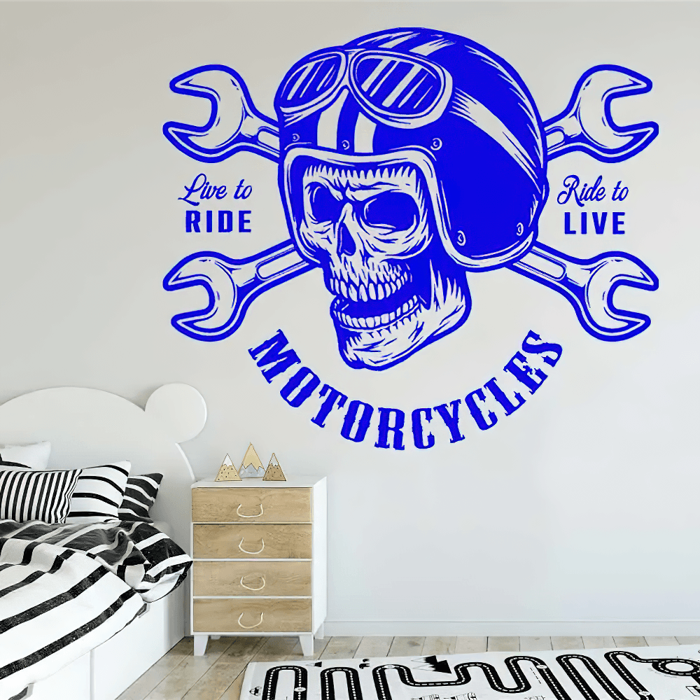 Autocollant mural de moto avec crâne de motard et clés à molette
