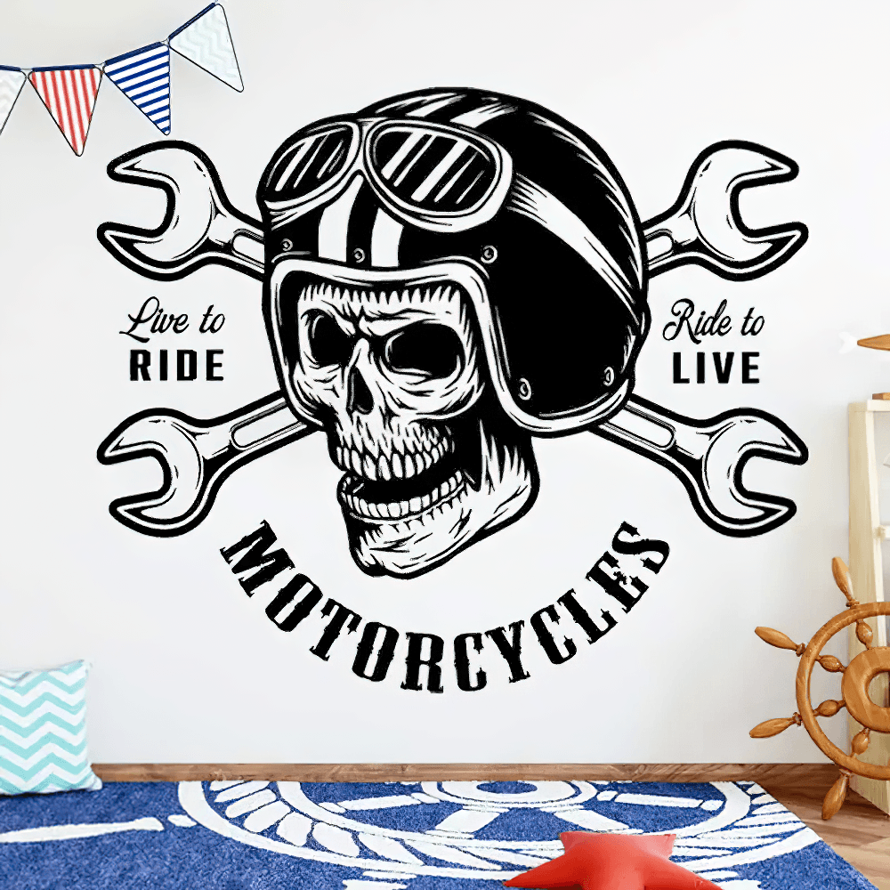 Autocollant mural de moto avec crâne de motard et clés à molette