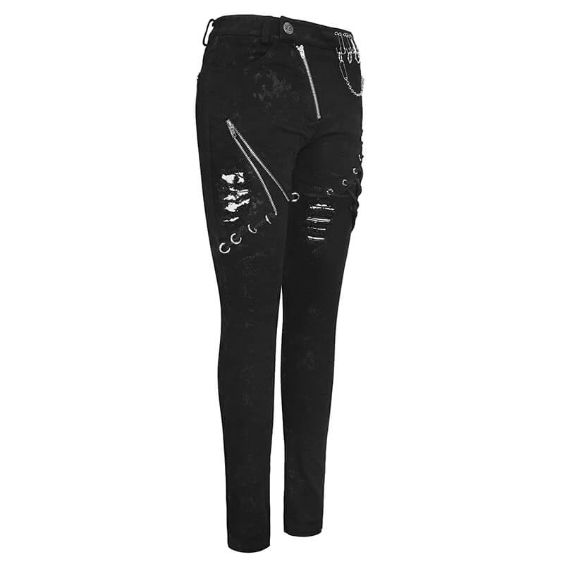 Biker women's punk black skinny jeans with lace-up details and silver rivets, featuring stylish ripped design.