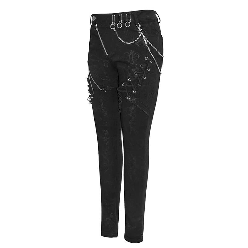 Biker women's punk skinny jeans in black with lace-up details and silver chains, perfect for a grunge style.