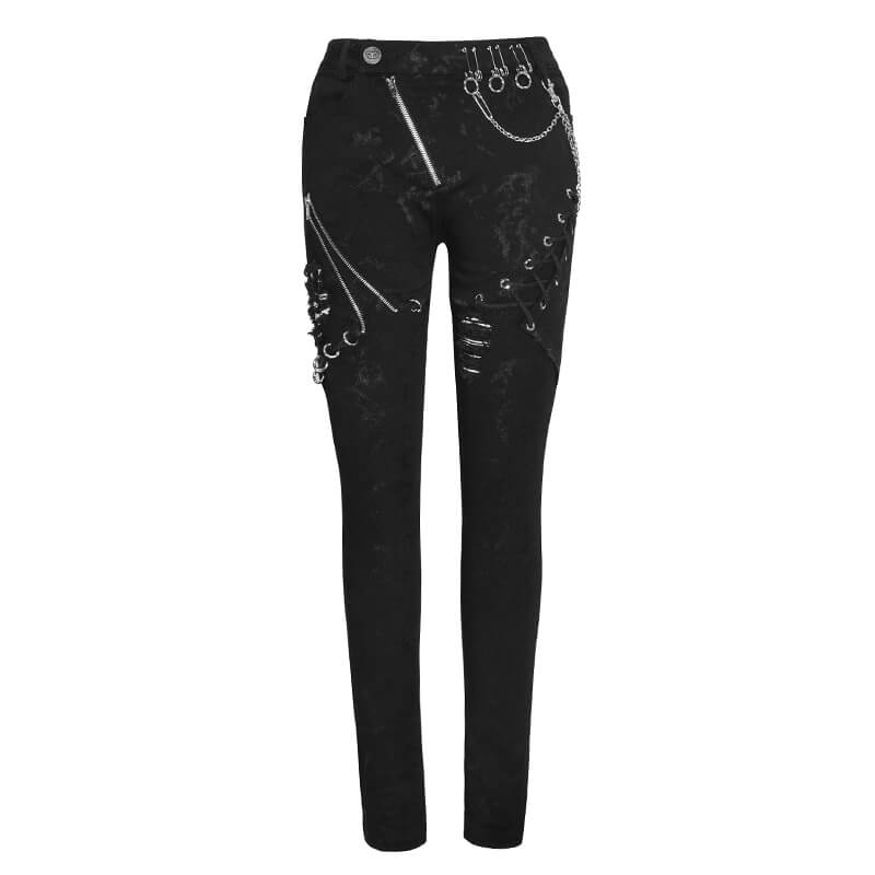 Black punk skinny jeans for women featuring lace-ups, silver rivets, and grunge ripped design