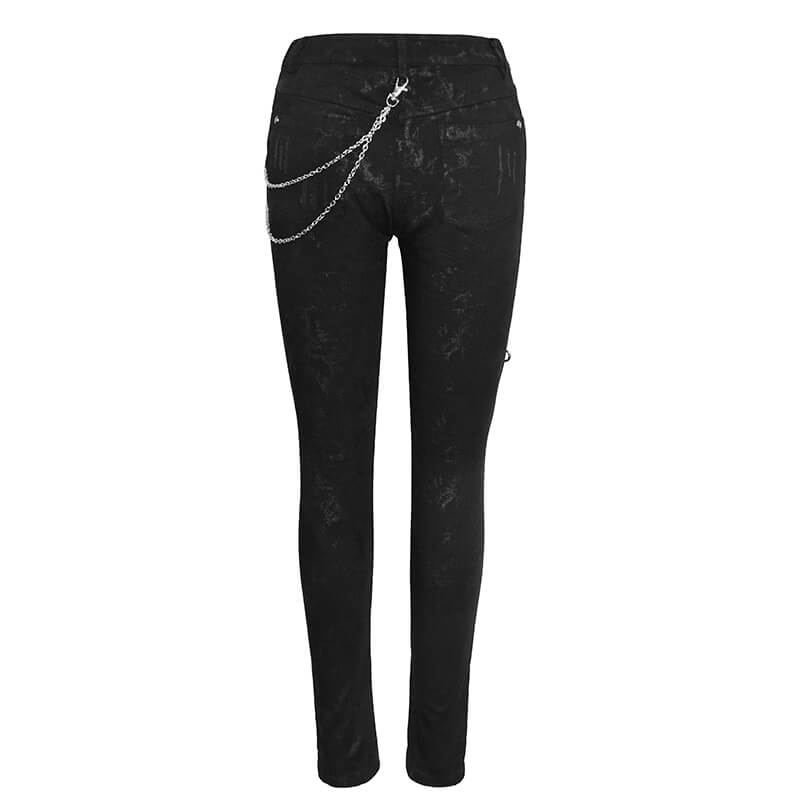 Stylish black punk skinny jeans for women featuring lace-up design and silver chain details.