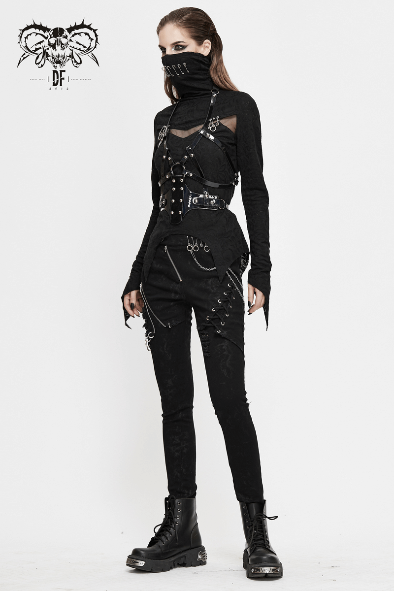Punk women's black skinny jeans with lace-up details and stylish accessories, perfect for grunge fashion enthusiasts.