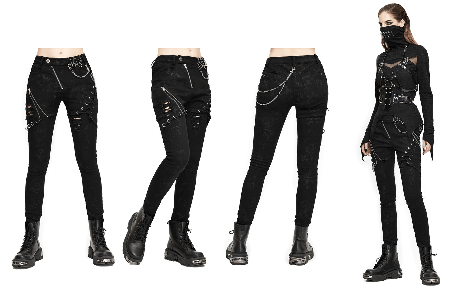 Biker women's punk skinny jeans with lace-ups and ripped details, perfect for a grunge style look.