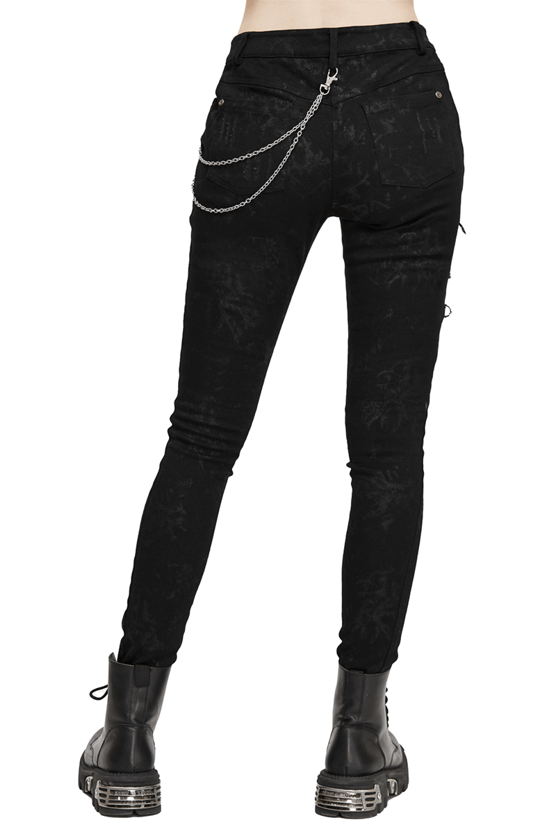 Biker Women's Punk Skinny Jeans with Lace Up / Female Black Grunge Ripped Trousers - HARD'N'HEAVY