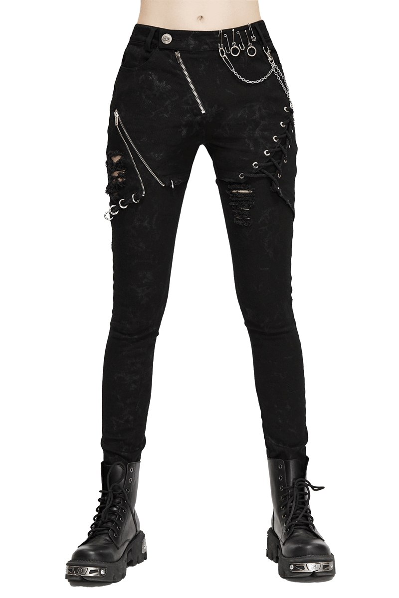 Biker Women's Punk Skinny Jeans with Lace Up / Female Black Grunge Ripped Trousers - HARD'N'HEAVY