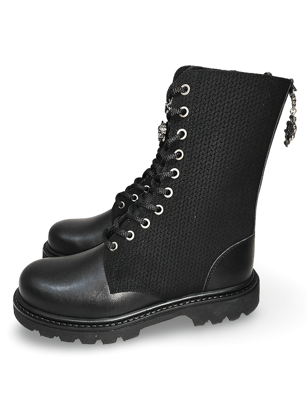 Black 10-Eyelet Ranger Boots with Textile Detail