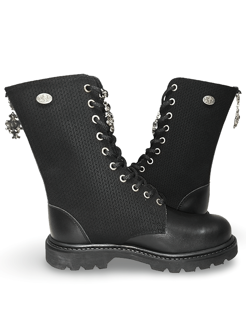 Black 10-Eyelet Ranger Boots with Textile Detail