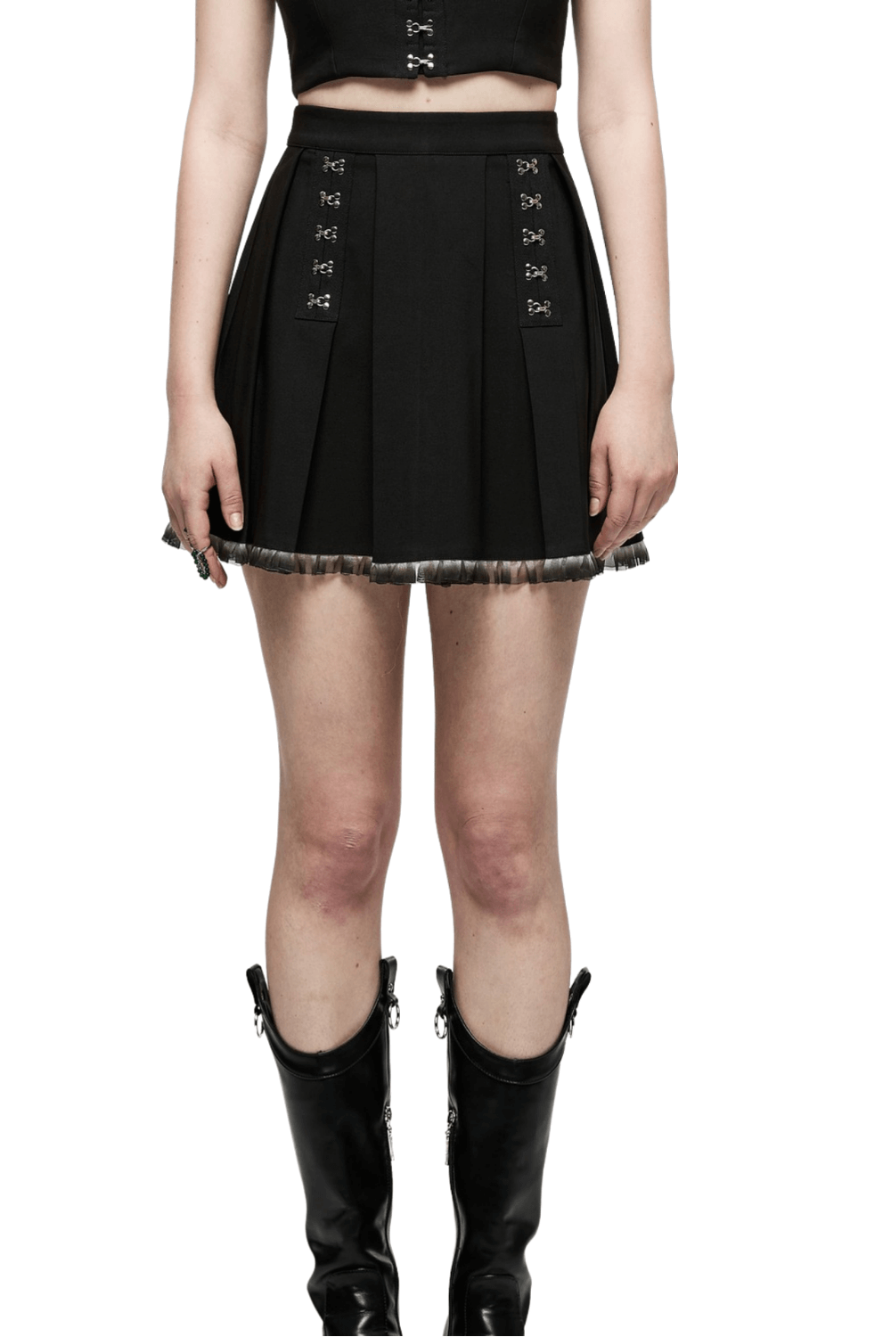 Chic black A-line pleated skirt with lace detail and buckle, perfect for edgy fashion lovers.