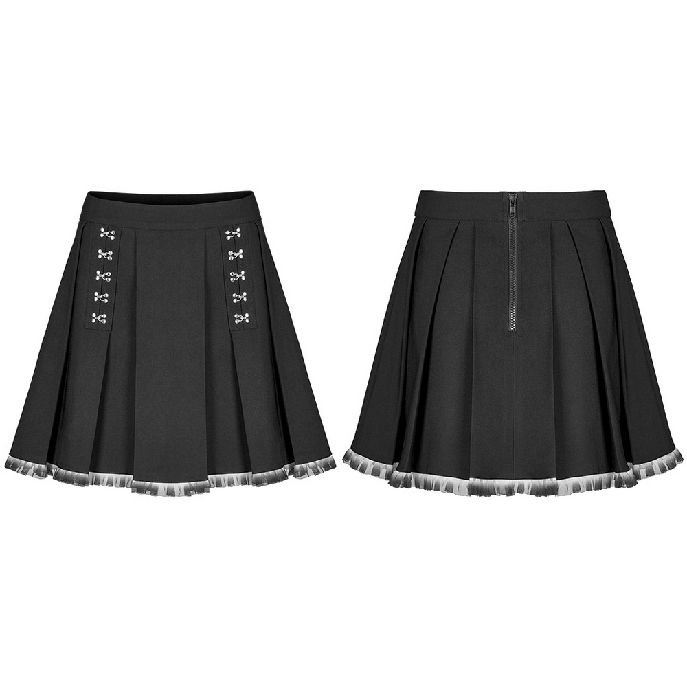 Black A-Line pleated skirt with lace hem, buckle details, edgy chic fashion piece for stylish outfits.