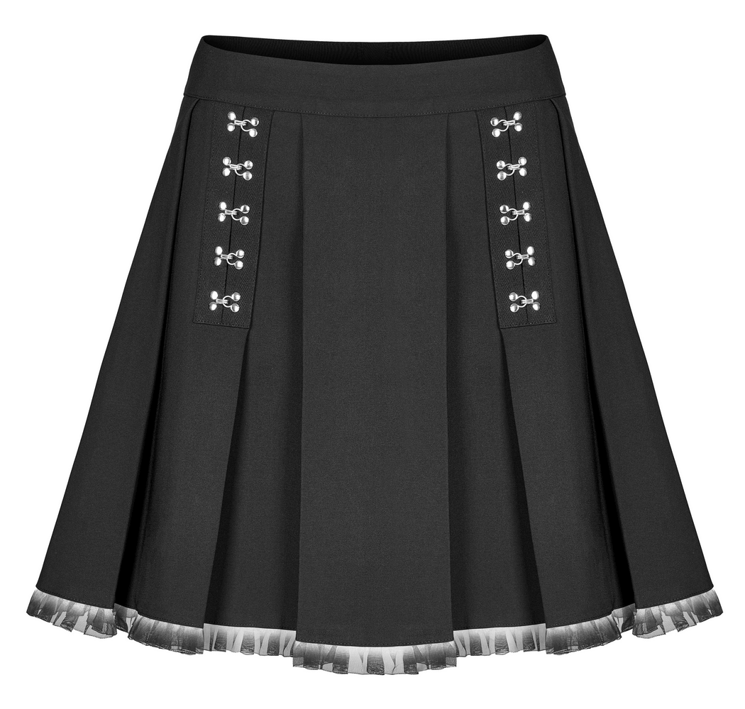 Black A-Line pleated skirt with gradient lace hem and functional metal buckle, perfect for edgy fashion looks.