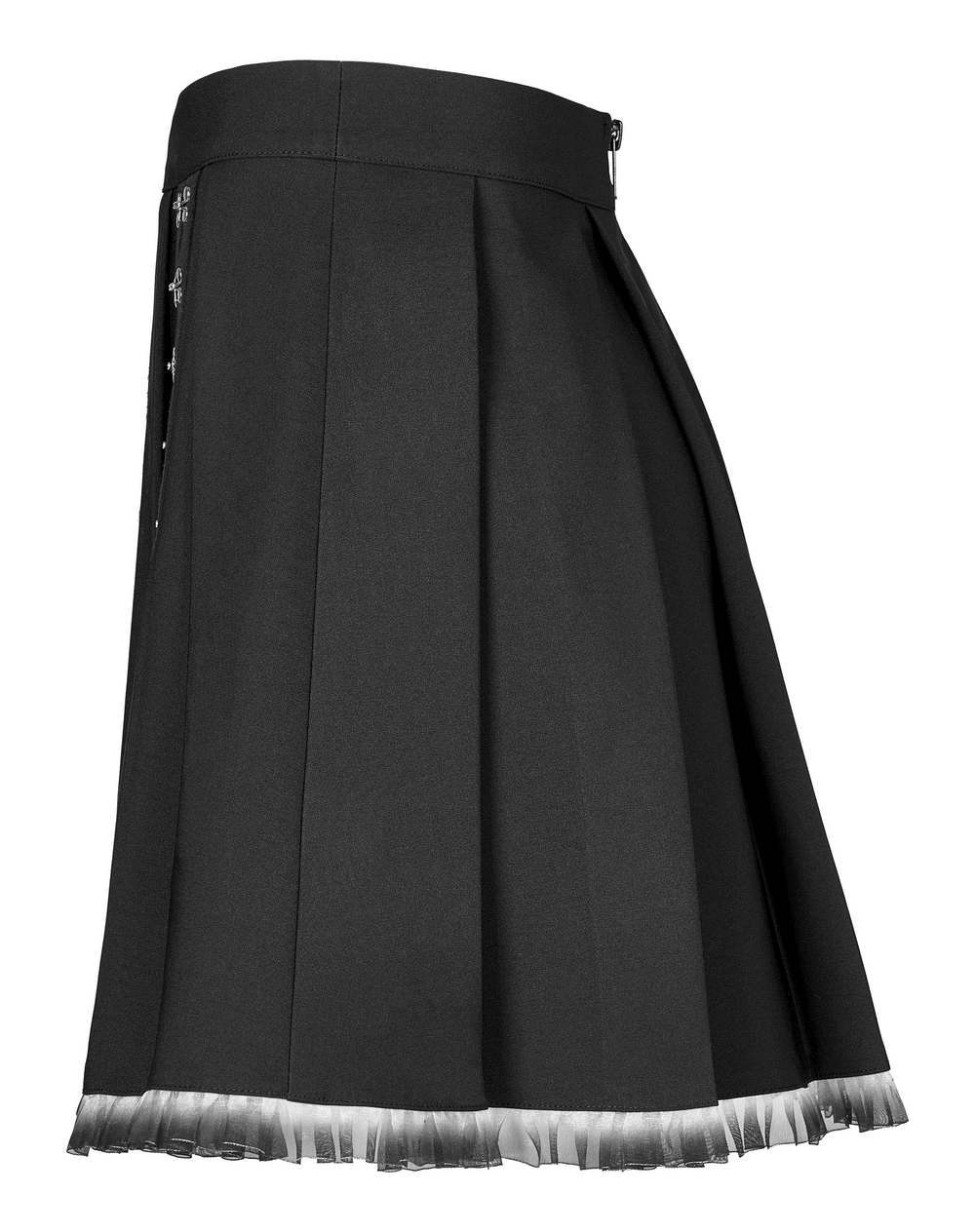 Black A-line pleated skirt with lace detail and buckle, featuring a chic silhouette and punk edge.