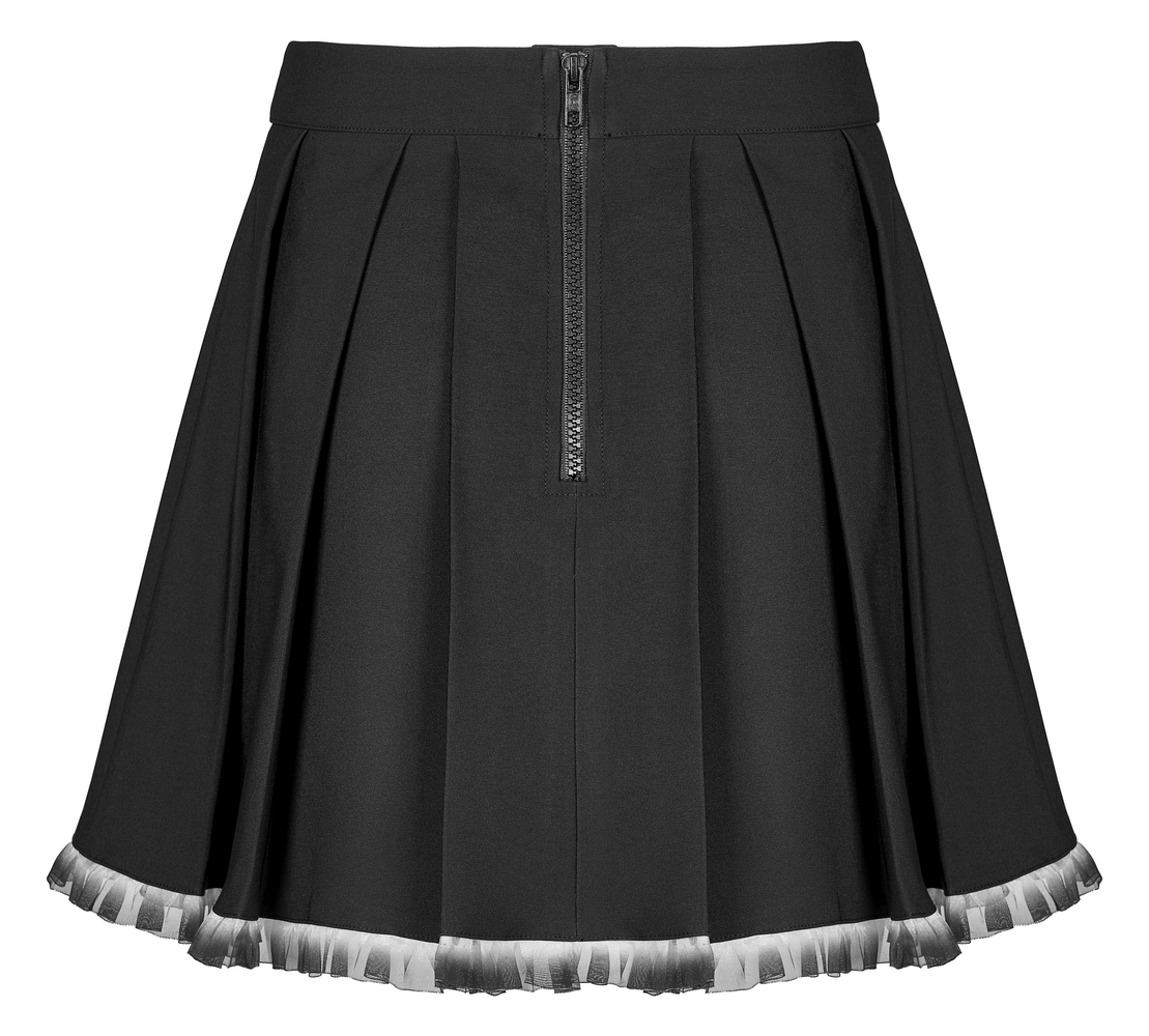 Black A-line pleated skirt with lace detail and buckle, perfect for an edgy yet chic look.