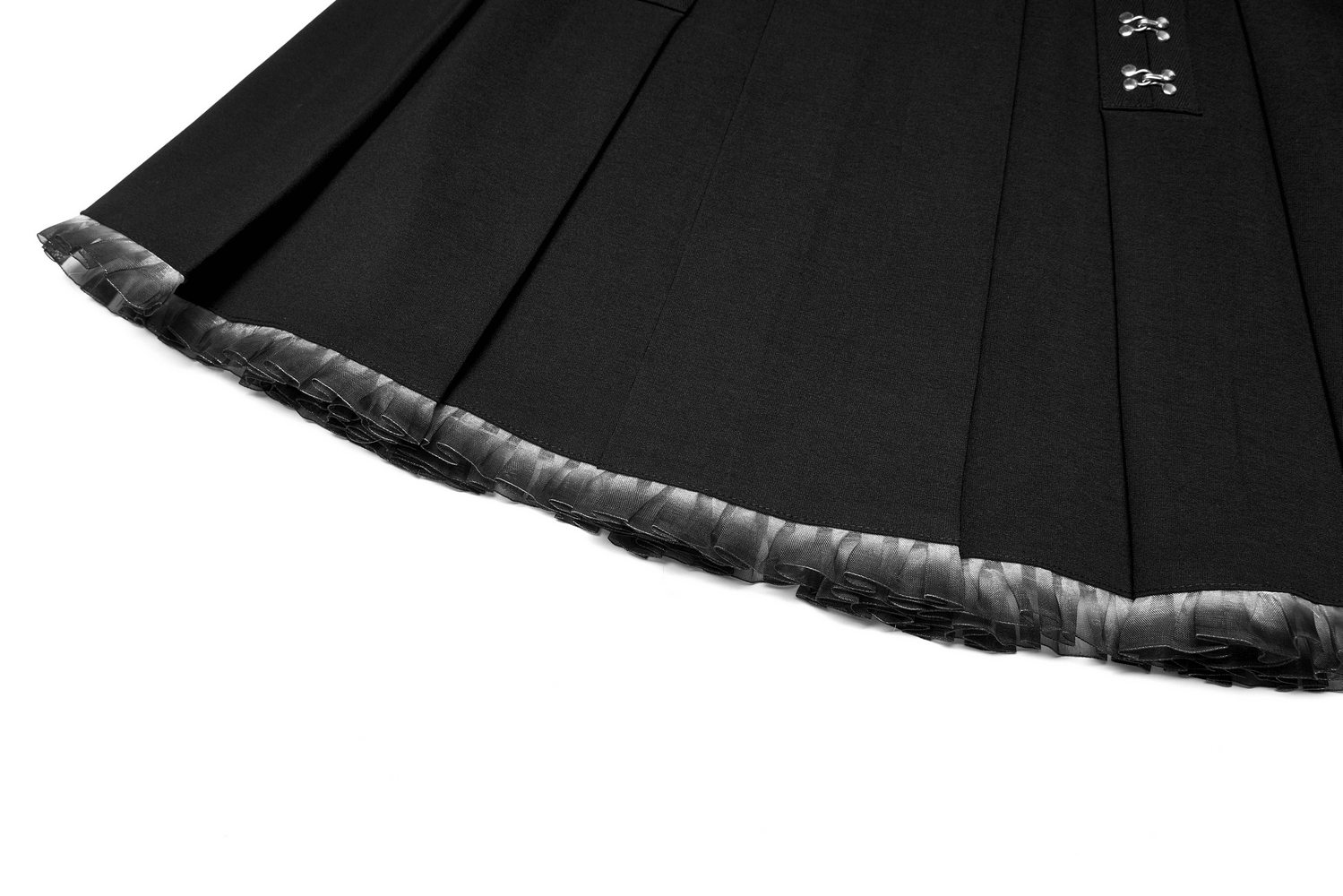 Close-up of a Black A-Line Pleated Skirt with lace detail and silver metal buckle at the waist.