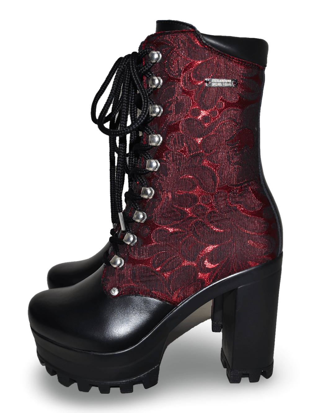 Black And Burgundy Zippered Platform Heeled Boots