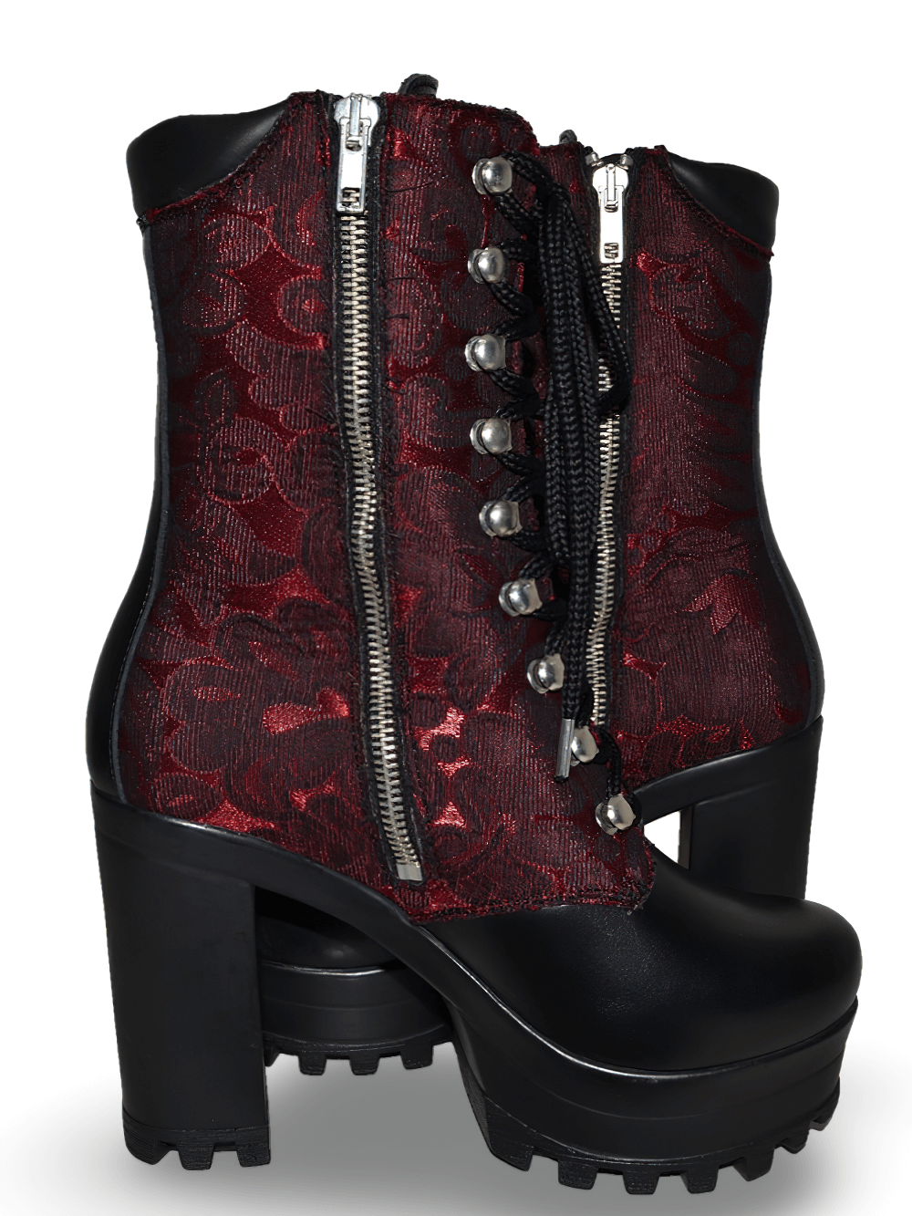 Black And Burgundy Zippered Platform Heeled Boots