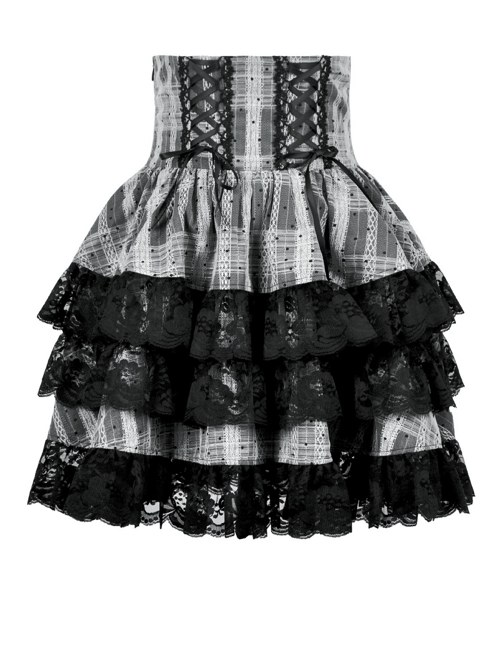 Black and Gray Lolita High-Waist Tiered Lace Skirt with ruffles and lace details.