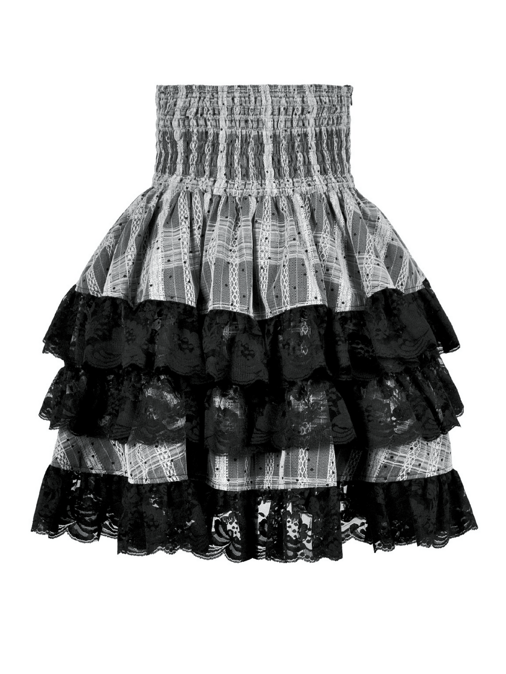 Black and Gray Lolita High-Waist Tiered Lace Skirt with ruffles and intricate lace details.
