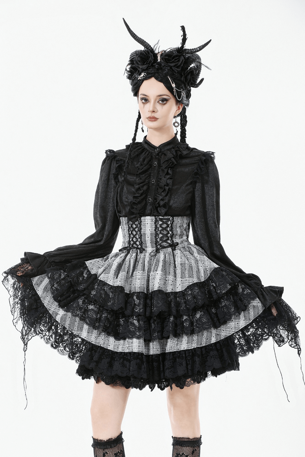 Black and Gray Lolita High-Waist Tiered Lace Skirt styled with ruffles and lace, perfect for gothic fashion enthusiasts.