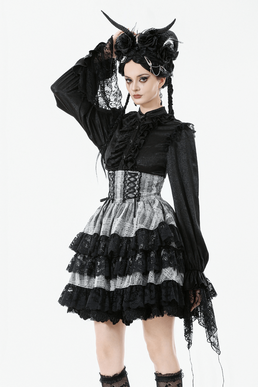 Black and Gray Lolita High-Waist Tiered Lace Skirt styled with gothic blouse and accessories, perfect for elegant outfits.