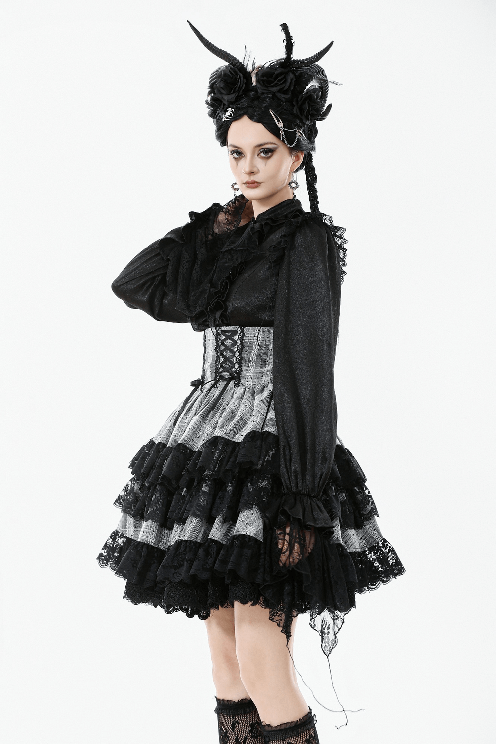 Black and Gray Lolita High-Waist Tiered Lace Skirt worn by a model showcasing gothic fashion style.
