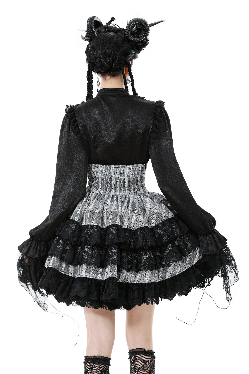 Black and Gray Lolita High-Waist Tiered Lace Skirt showcasing a ruffled, gothic design with lace details.