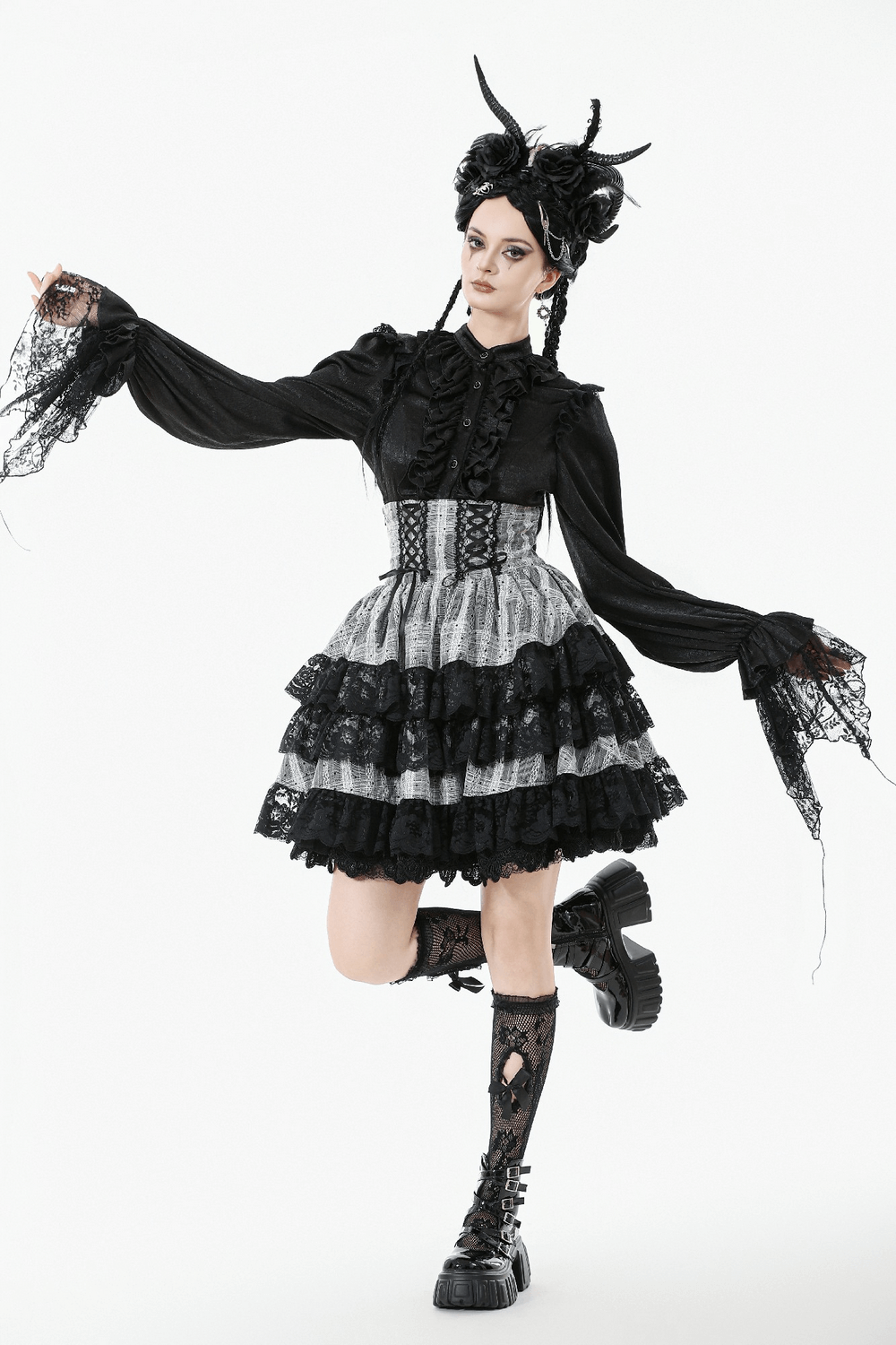 Black and Gray Lolita High-Waist Tiered Lace Skirt with gothic ruffles and lace-up details for stylish fashion.