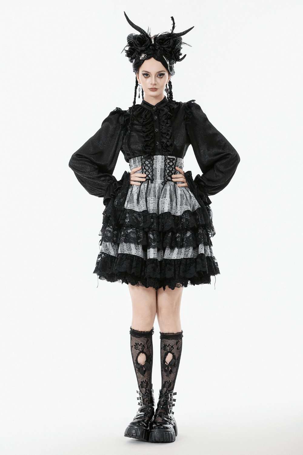 Black and Gray Lolita High-Waist Tiered Lace Skirt elegantly paired with gothic accessories for a striking look.