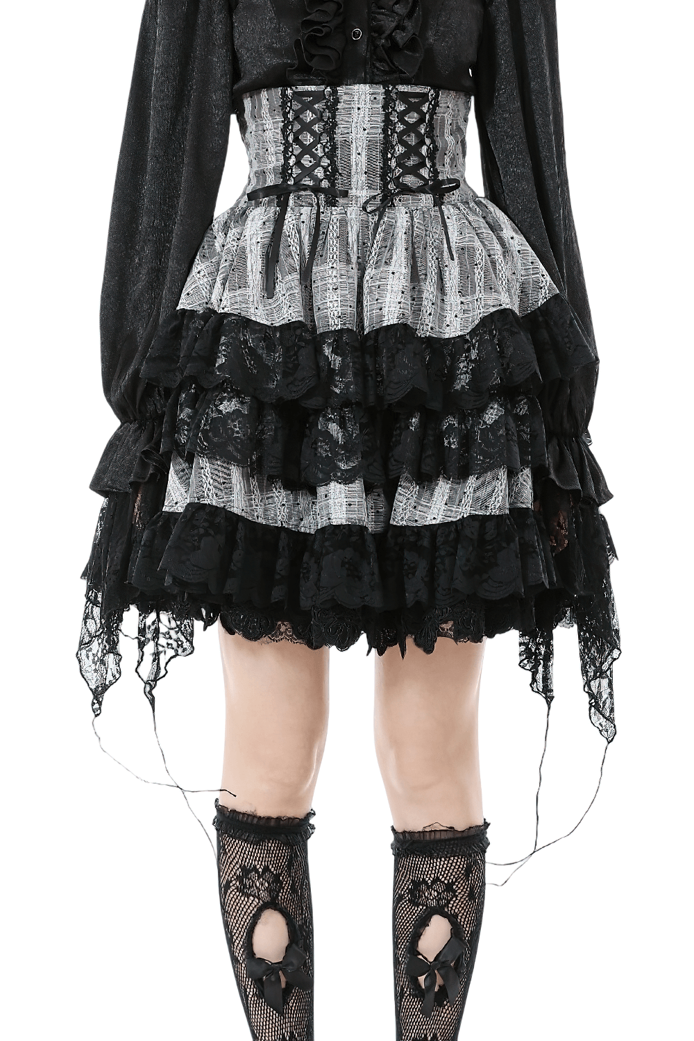 Black and Gray Lolita High-Waist Tiered Lace Skirt with ruffles and lace-up front, perfect for gothic fashion.