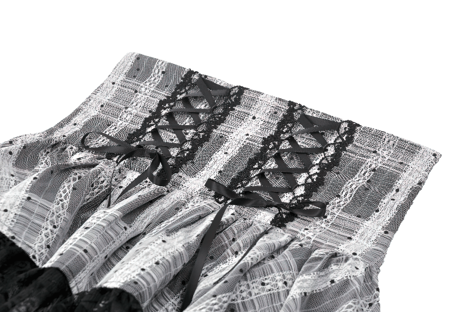 Black and Gray Lolita High-Waist Tiered Lace Skirt featuring intricate lace-up design and layered ruffles.