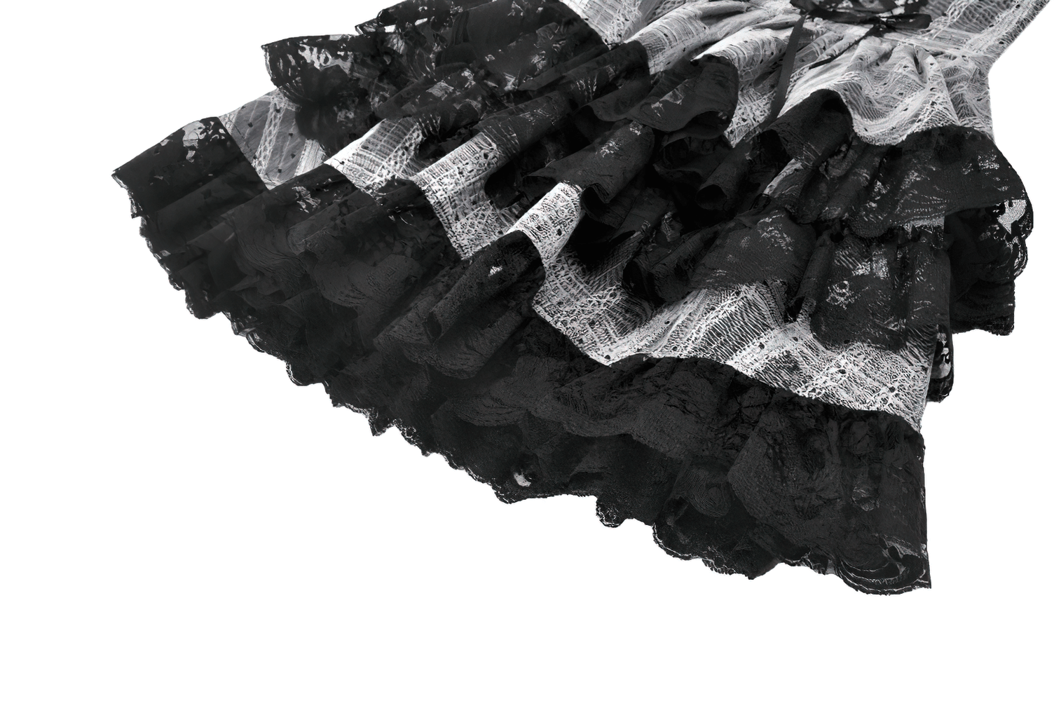Black and Gray Lolita High-Waist Tiered Lace Skirt featuring ruffled lace details and gothic styling.