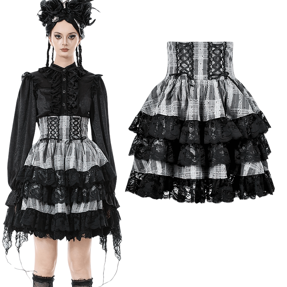 Black and Gray Lolita High-Waist Tiered Lace Skirt with Gothic Ruffles and Lace-up Design
