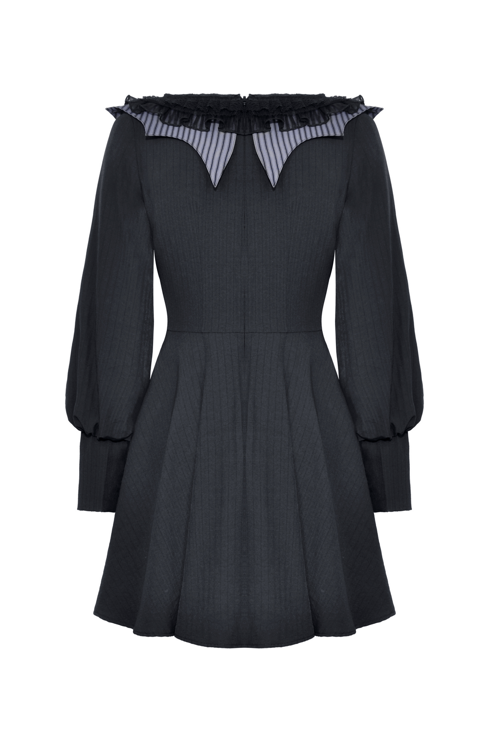 Black and Gray Striped Long Sleeve Dress with Ruffled Collar