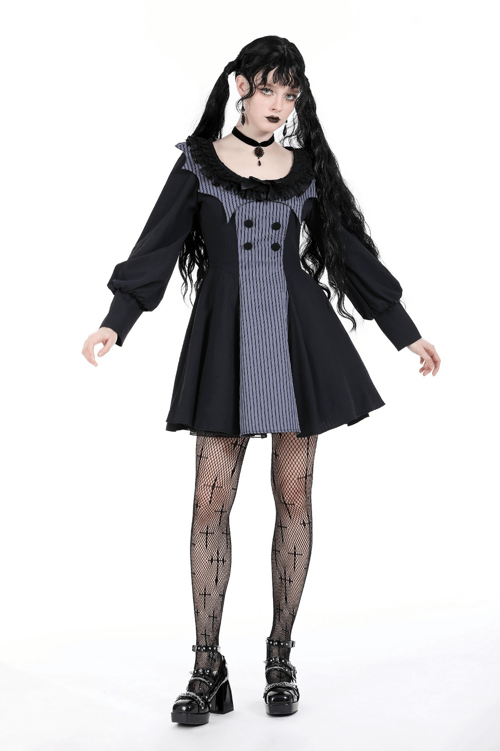 Black and Gray Striped Long Sleeve Dress with Ruffled Collar