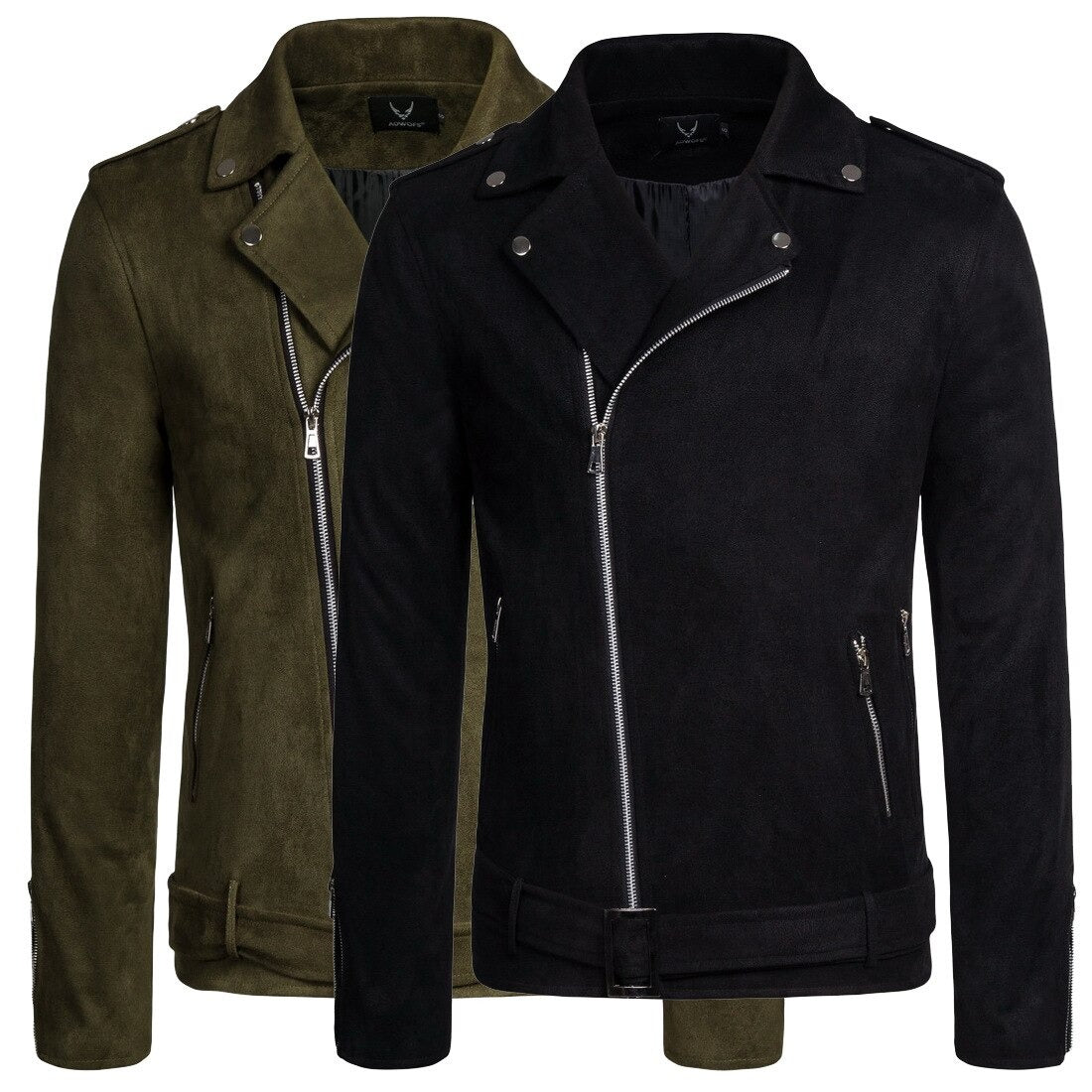 Black and green suede motorcycle jackets for men, featuring zippers and a slim-fit design, perfect for stylish outings.