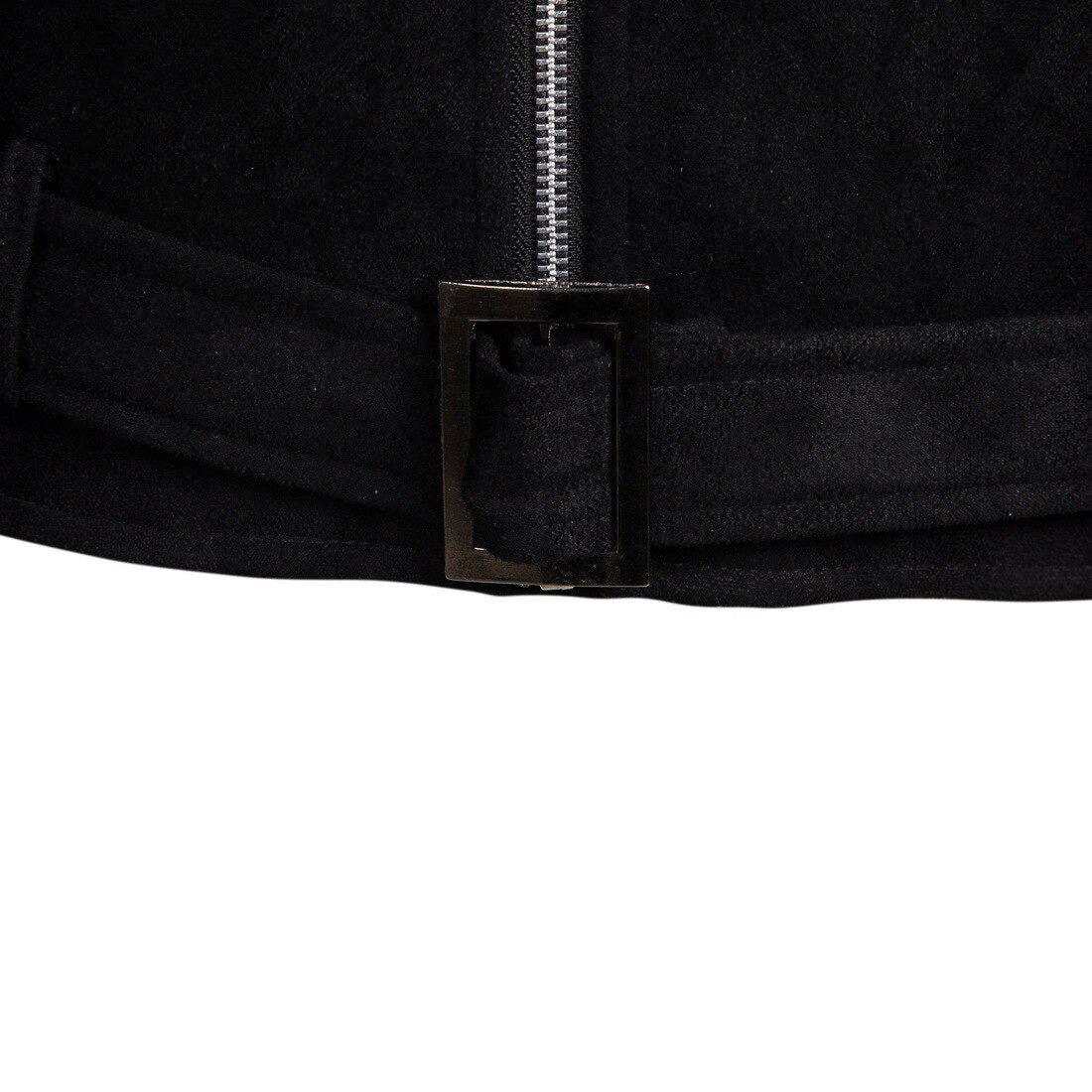 Close-up of black suede motorcycle jacket zipper and belt detail for men, showcasing stylish design and functionality.