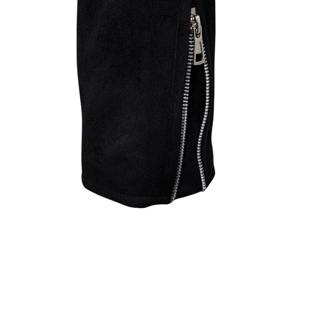 Close-up of the sleek zipper detail on the black suede motorcycle jacket for men, showcasing its stylish design.