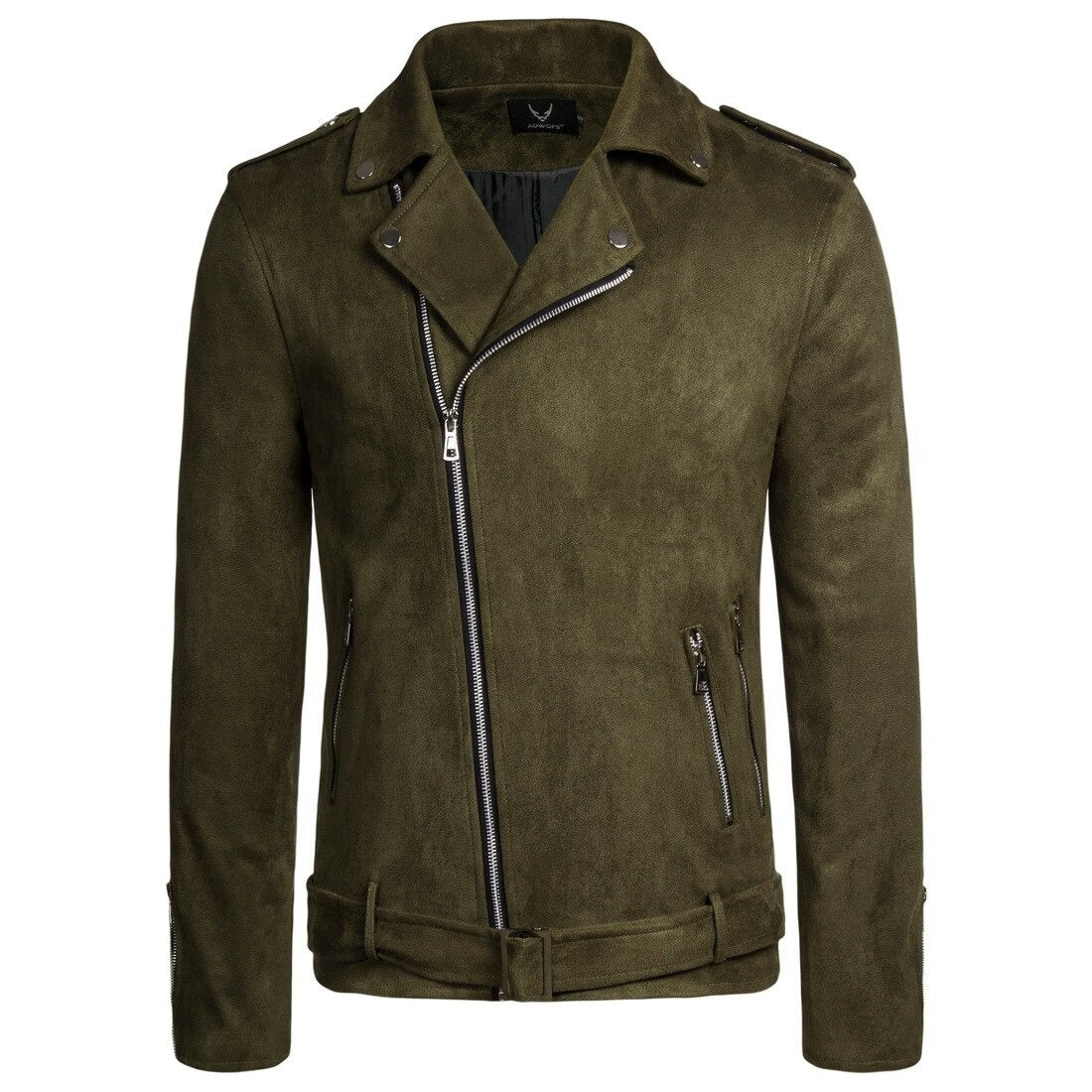 Stylish men's black and green suede zipper jacket, slim-fit with decorative zippers and hip belt for trendy outwear.