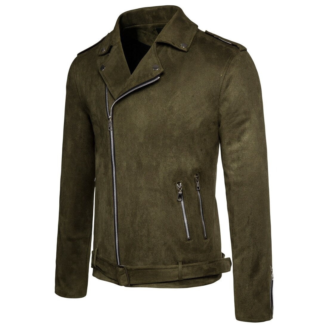 Slim-fit army green suede motorcycle jacket for men with zippers and belt.