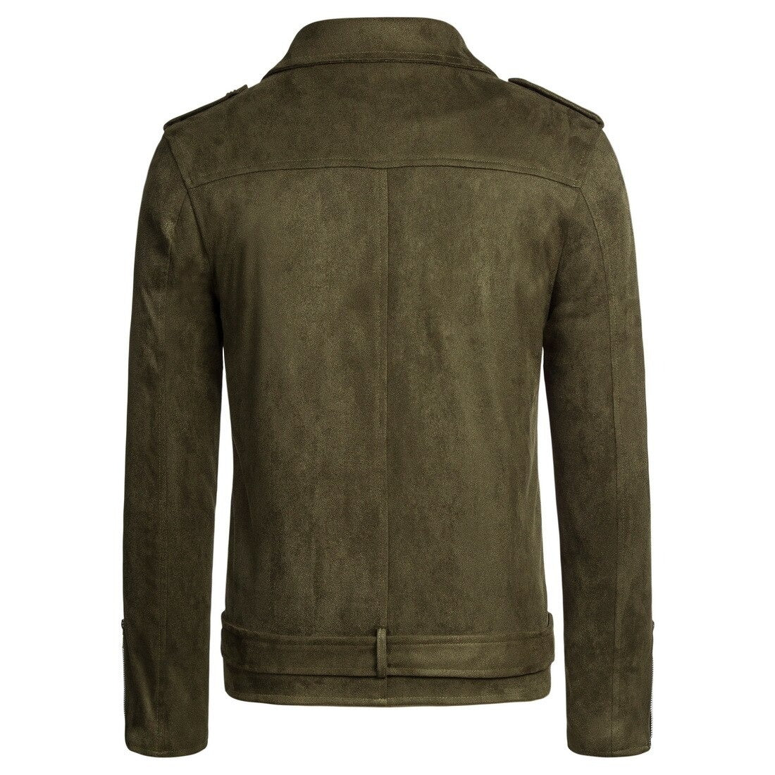 Back view of stylish army green suede motorcycle jacket for men with contemporary slim fit.
